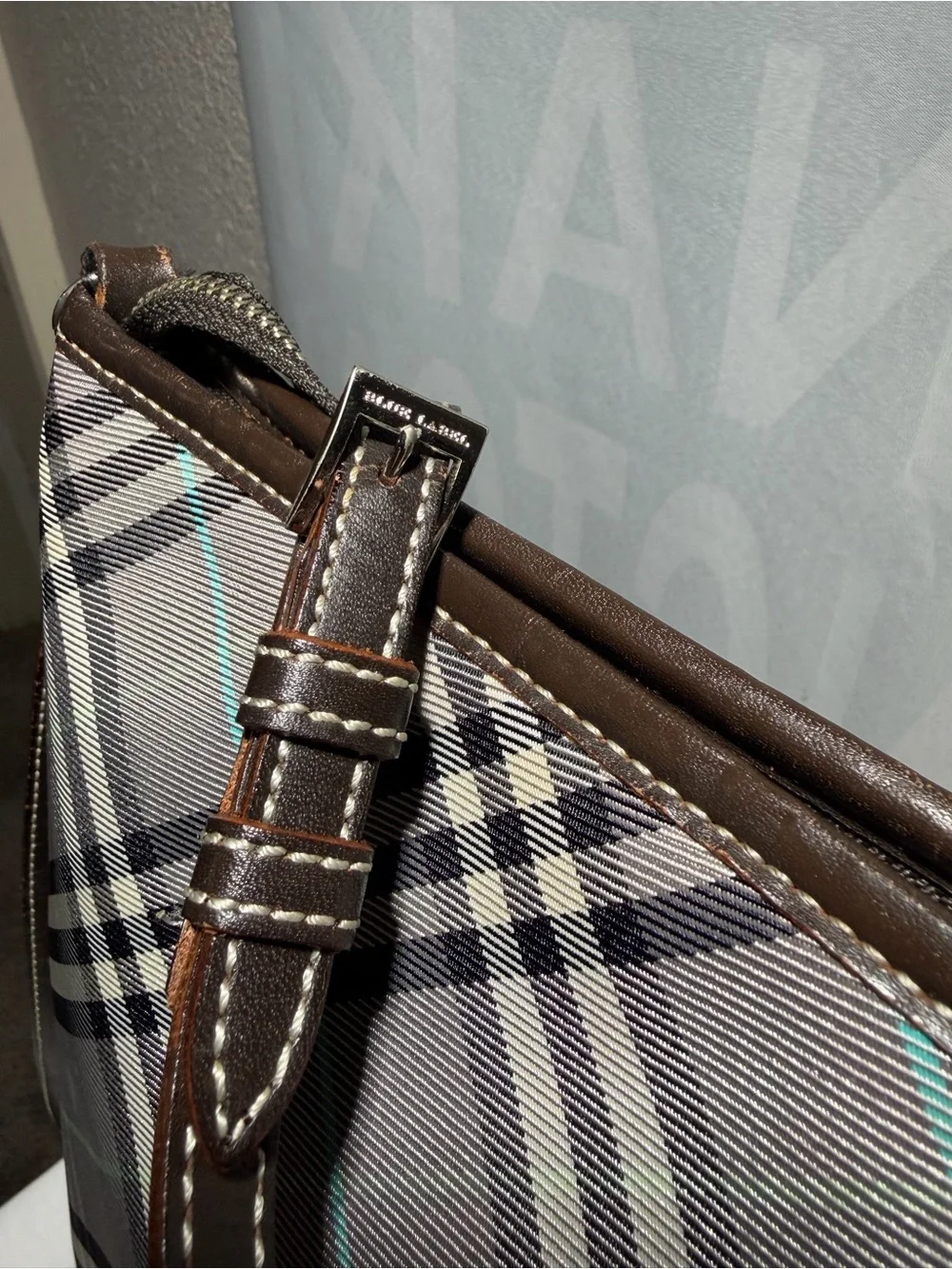 Burberry Gray & Black Plaid Canvas Messenger Bag with Blue Stripe & Brown Trim